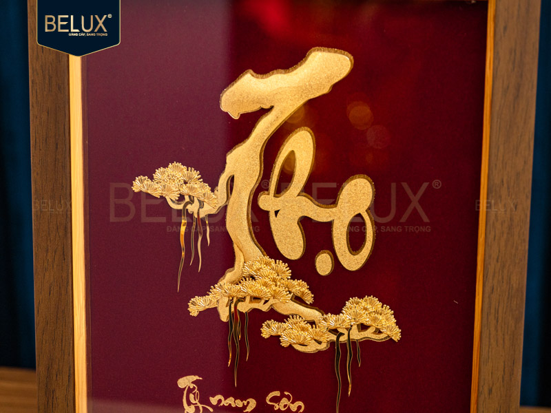 Tranh chữ Thọ thư pháp dát vàng 24k - 32x25cm